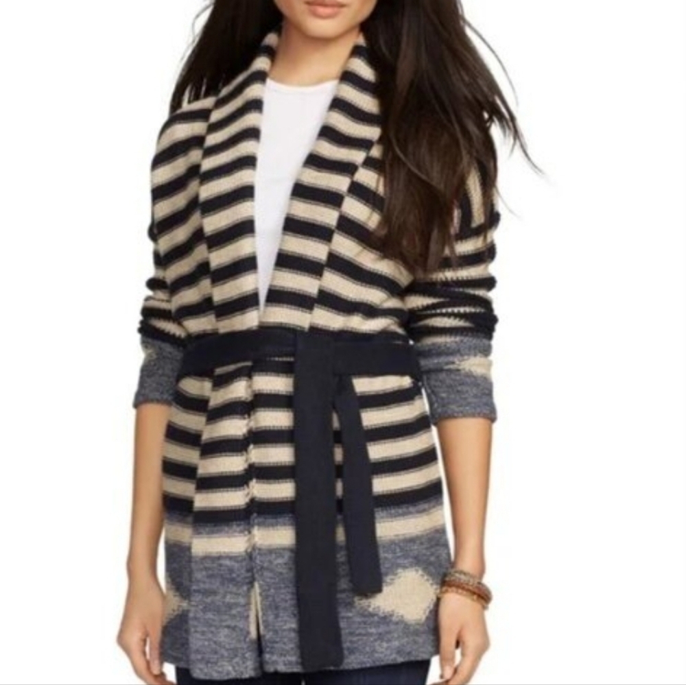 Ralph Lauren Jeans Navajo Striped Navy & Cream Long Cardigan Aztec Wester Sz XL